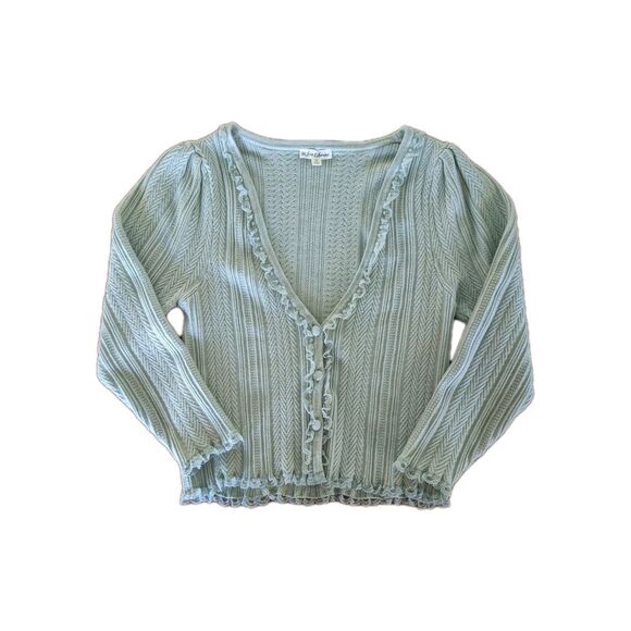 For Love & Lemons Lace Trimmed Cardigan Women's Sz XL Ribbed V-neck Fitted Mint - Picture 2 of 9